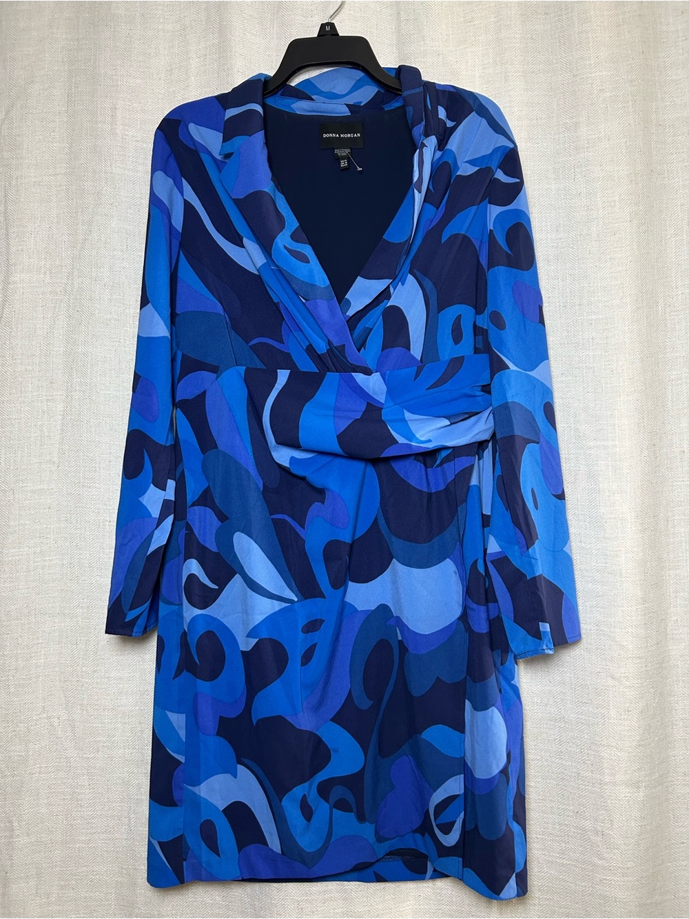 Donna Morgan Blue Abstract Graphic Print Faux Wrap Dress Long Sleeve Size 14